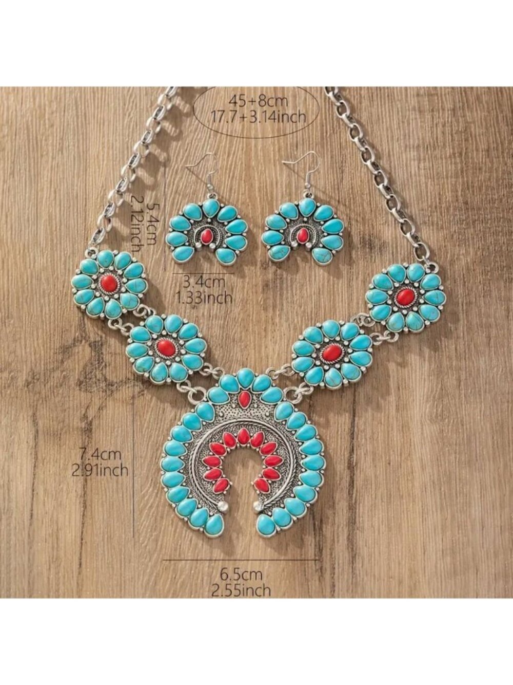 Squash Blossom Style Imitation Turquoise Necklace & Earrings Set Silver Tone - Picture 2 of 2